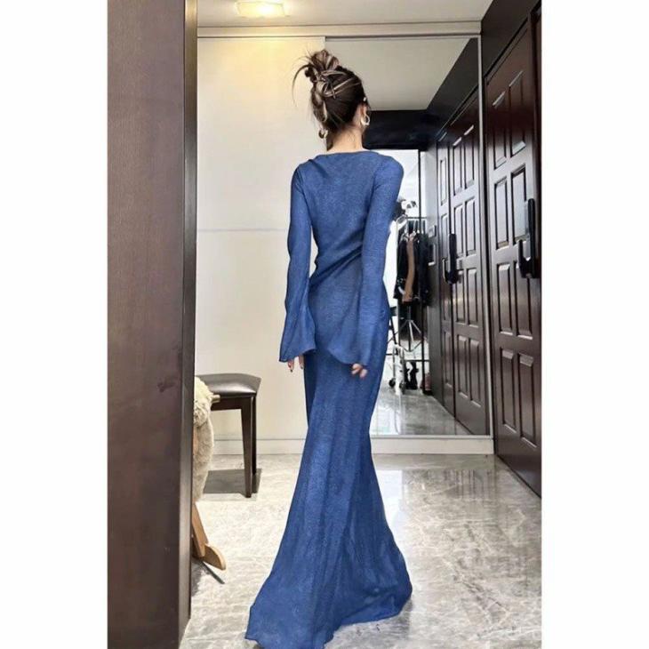 Robe Longue Satinée  | Robes Femme Femme Bleu electrique