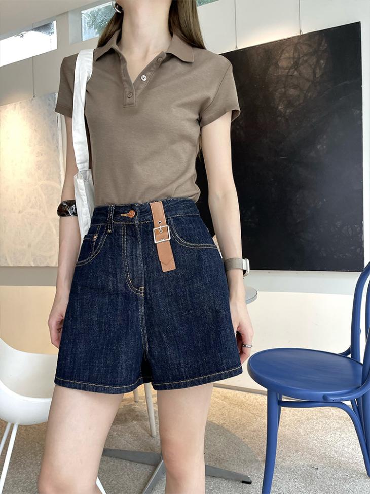 Short En Jean Détails En Cuir  | Jupes & Shorts Femme Femme Bleu